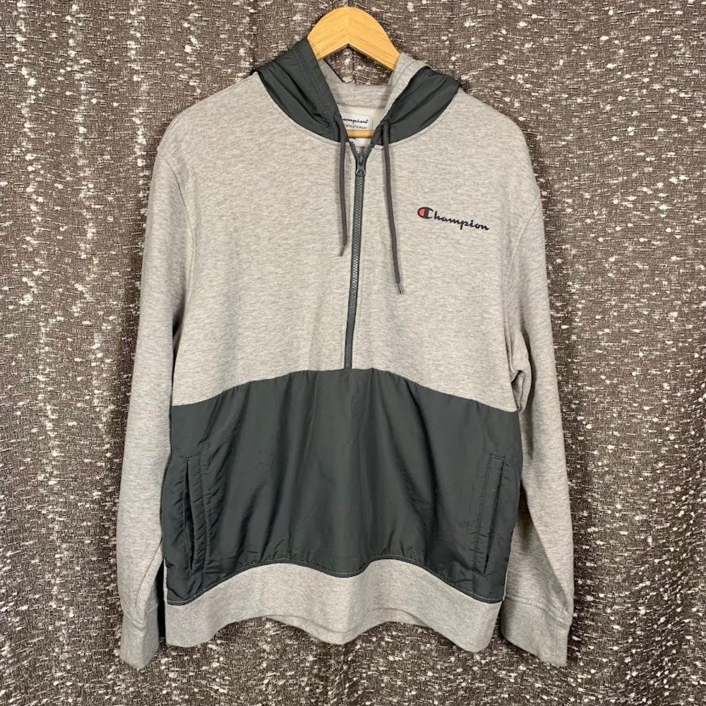 Champion Gray Colorblock Quarter Zip Hoodie Sweatshirt Pullover Athletic Mens XL